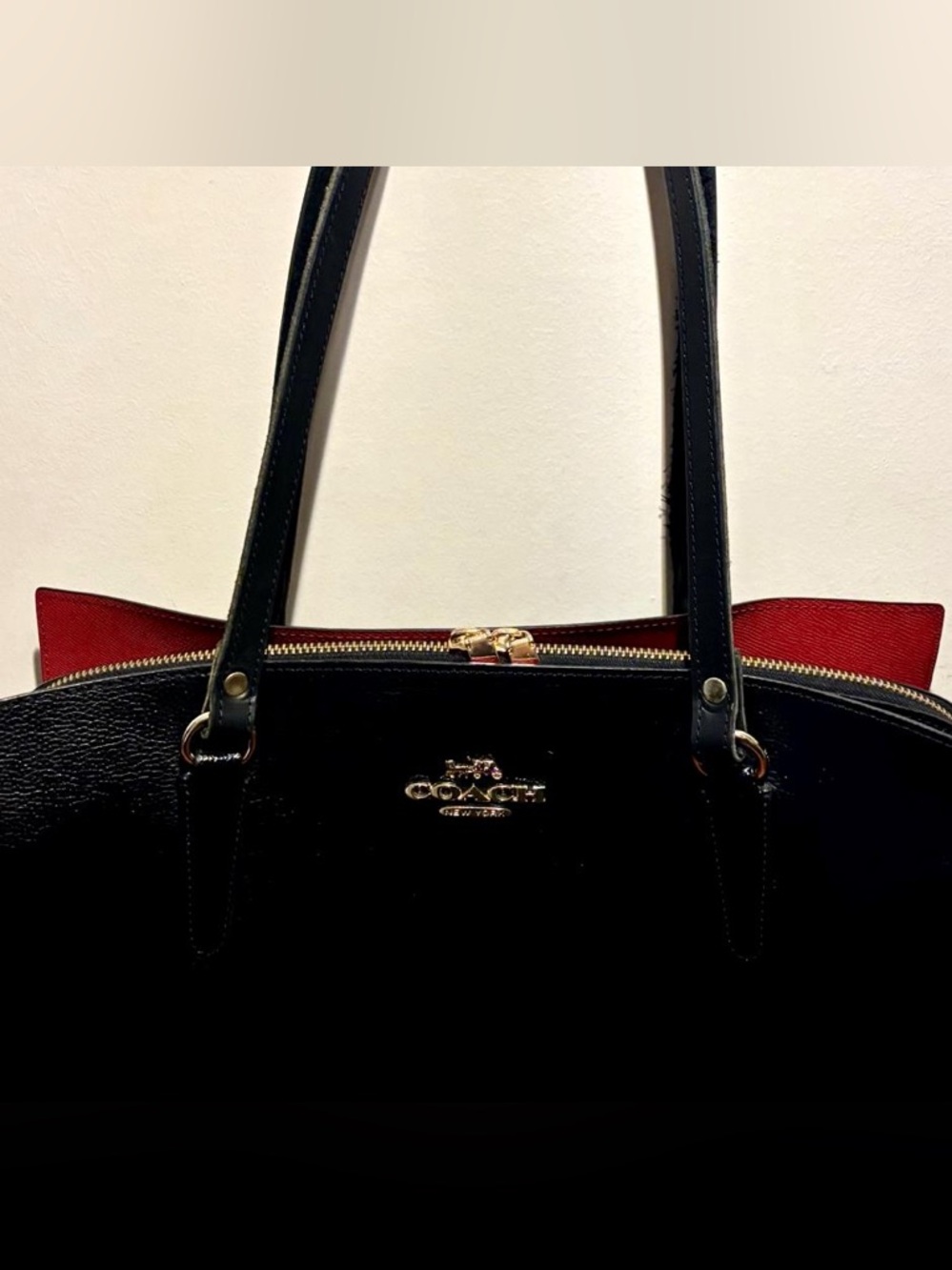 Coach Black Leather Tote with Red Interior Accent - Picture 3 of 14
